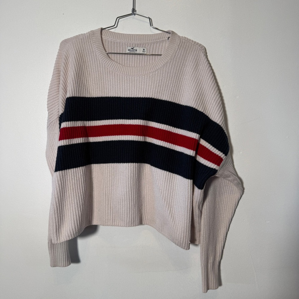 Hollister Striped Sweater Women Medium Cream Ribbed Knit Crewneck